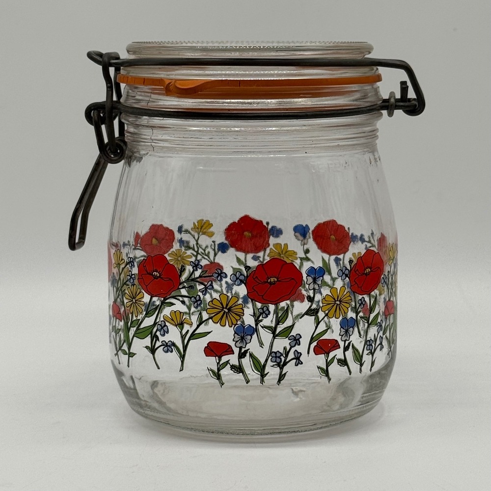Vintage 1970s Arc France R Carman Wild Poppy Glass Wire Bale Canister Jar 3/4L